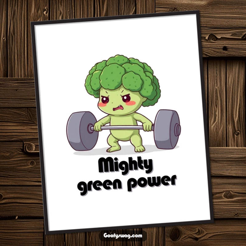 Funny digital art print of a determined broccoli floret lifting a heavy weight, providing humorous motivation for any wall.