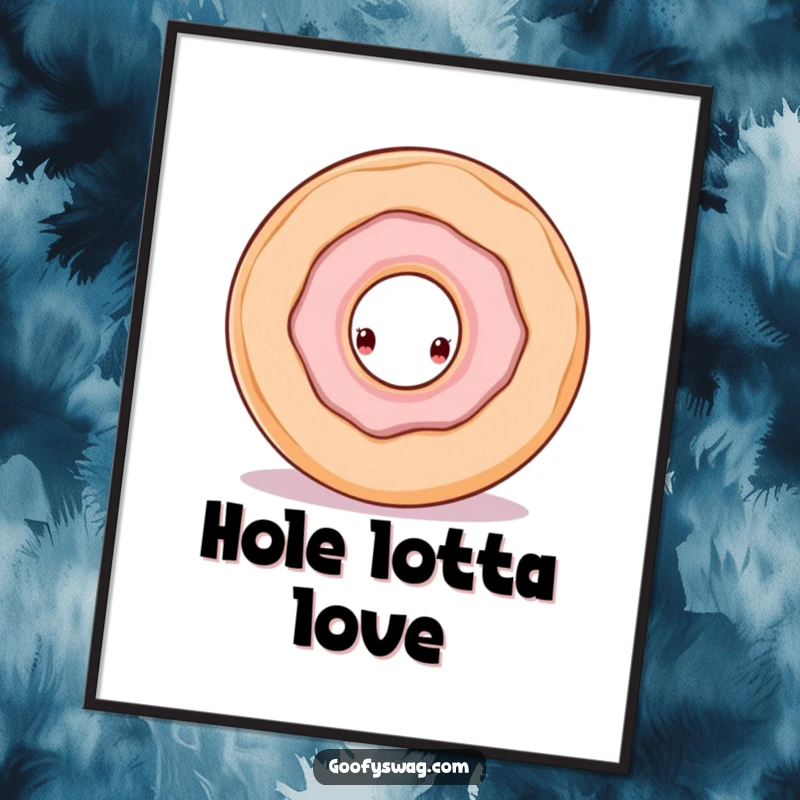 Funny digital art print of a curious doughnut peeking from the hole of a larger doughnut, perfect for instant humorous decor.