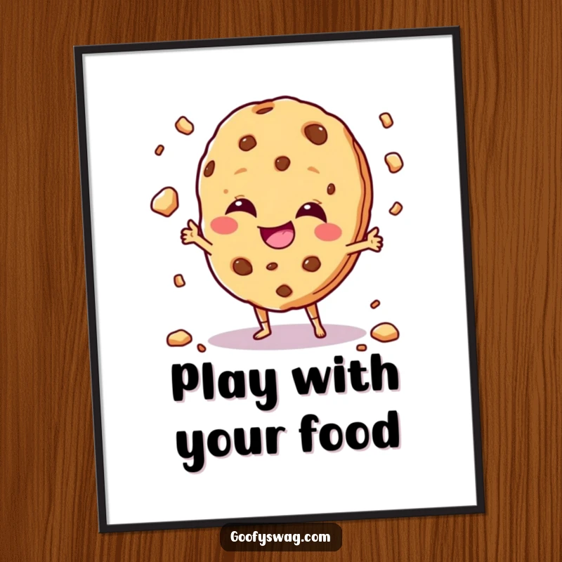 Funny giggling cookie character juggling crumbs with a mischievous grin, as a humorous digital art print.
