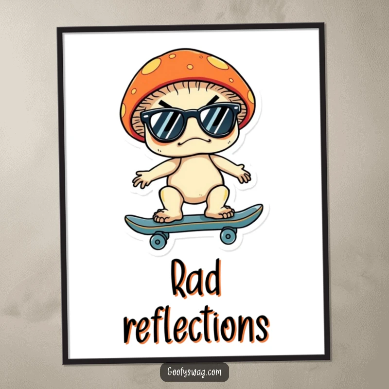 Funny digital art print of a grumpy mushroom in sunglasses riding a skateboard, offering a cool, humorous, and downloadable design.