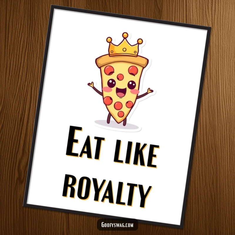 Funny proud pizza slice character wearing a tiny crown, as a humorous digital art print.