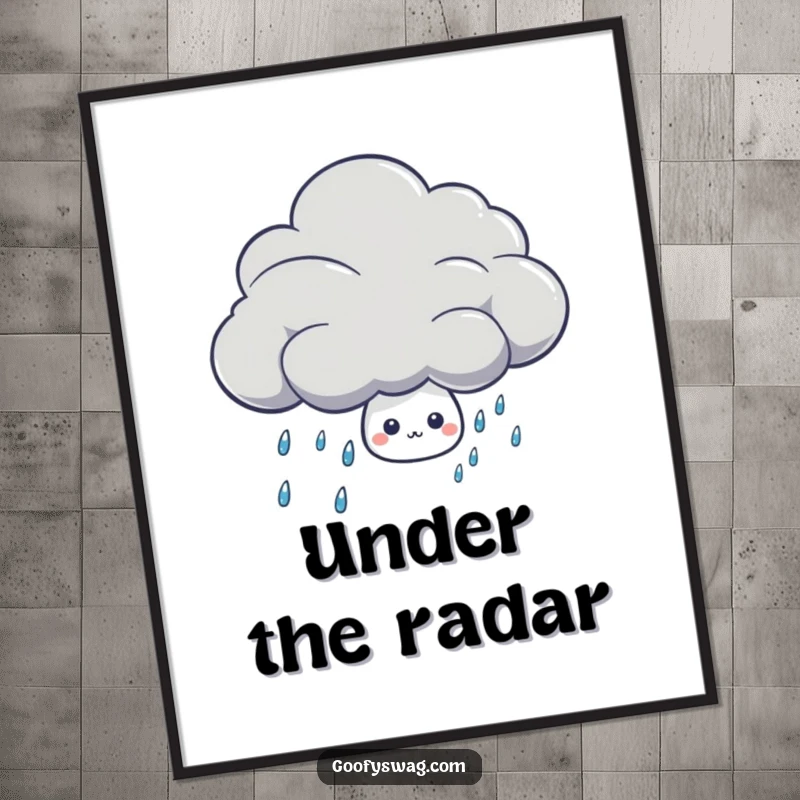 Funny shy rain drop character hiding behind a thunder cloud, available as a high-resolution digital art print.
