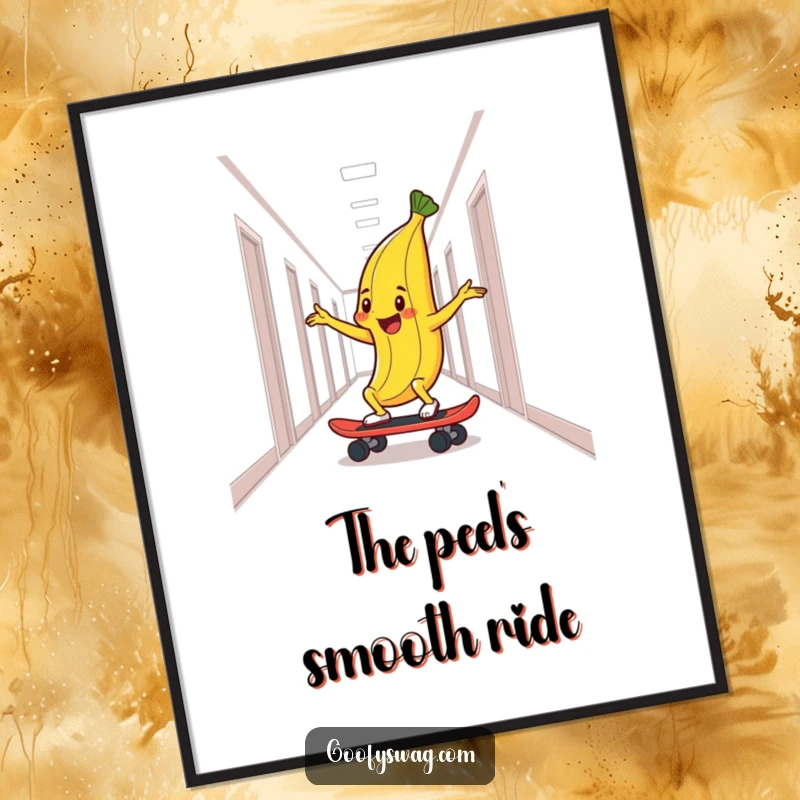 Funny digital art print of a delighted banana peel skateboarding down a hallway, ready for instant download and display.
