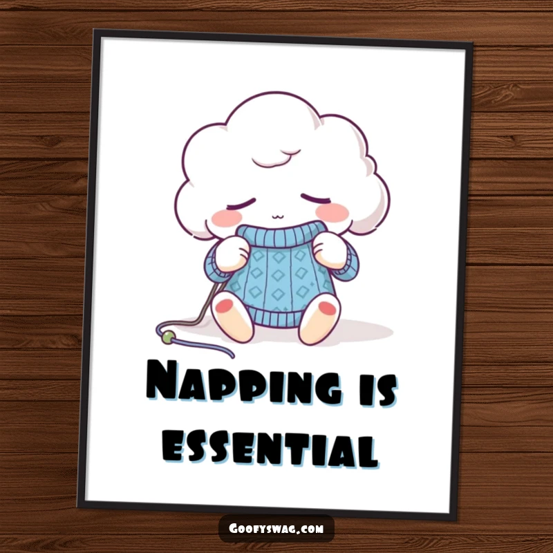 Funny sleepy cloud knitting digital art print, a soft and humorous illustration for instant digital decoration.