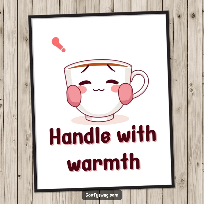 Funny digital art print of a confused teacup wearing socks on its handles, ready for instant download and display.