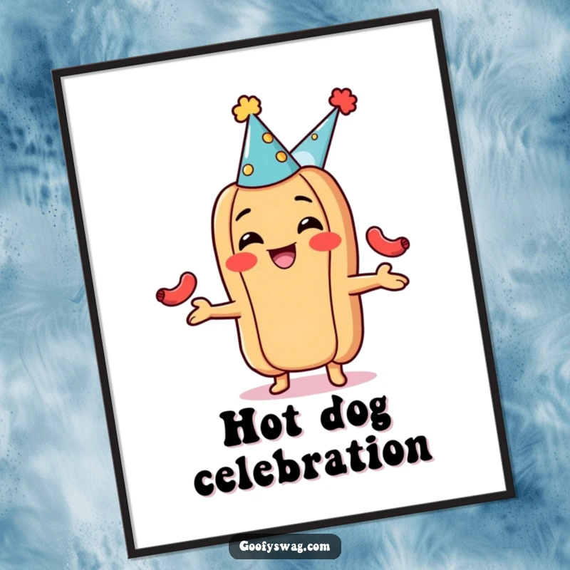 Funny hot dog digital art print, wearing a party hat and juggling sausages. High-resolution humorous artwork for instant download.