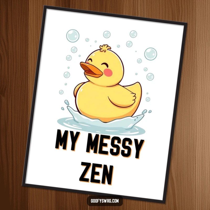 Funny clumsy rubber duck tripping and sending bubbles flying everywhere, a cheerful digital art print, perfect for instant download and adding bath time humor.