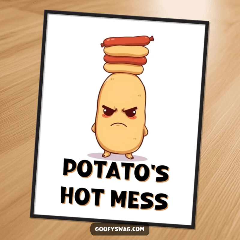 Funny grumpy potato digital art print, showing a potato balancing hot dogs on its head. High-resolution humorous artwork for instant download.