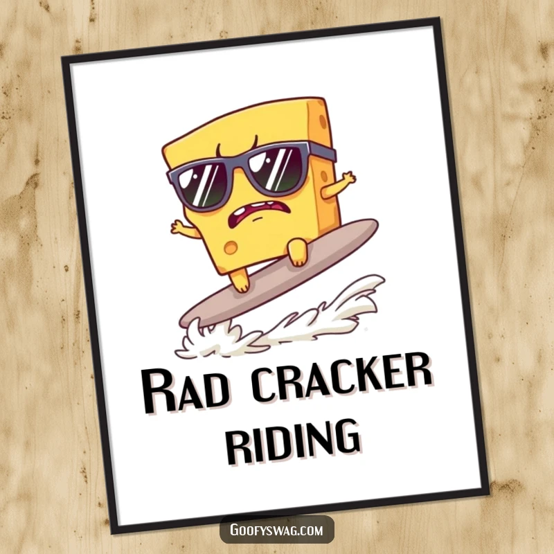 Funny digital art print of a grumpy cheese slice in sunglasses surfing a cracker, ready for download.