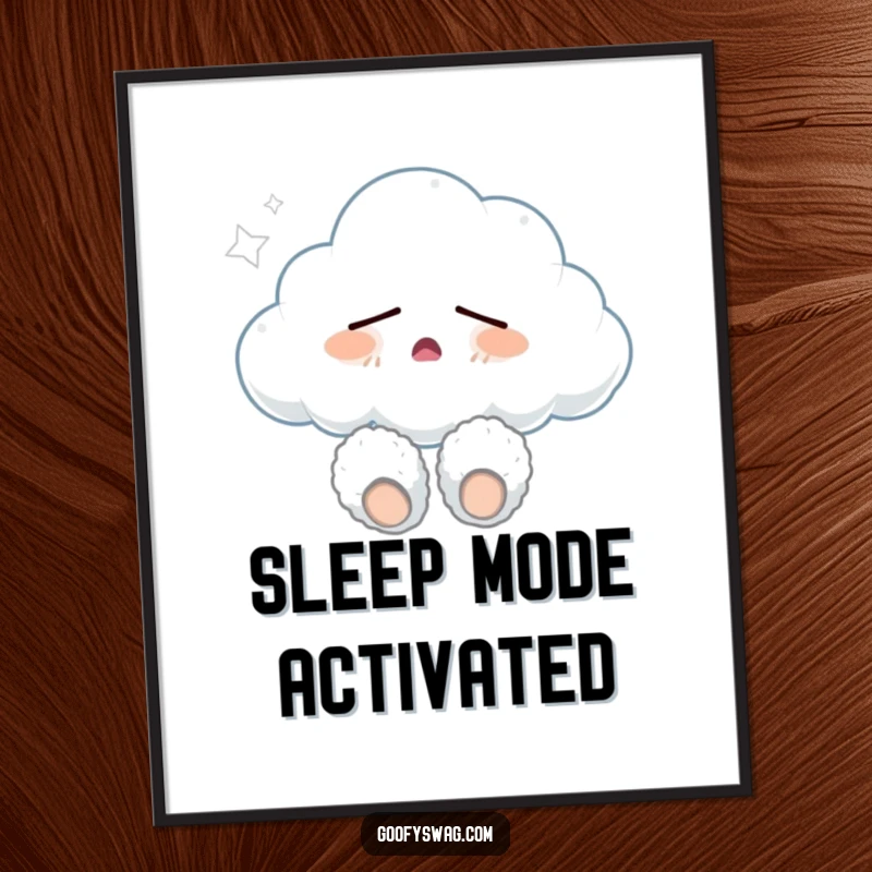 Funny sleepy cloud wearing fuzzy slippers and yawning, a peaceful digital art print, perfect for instant download and creating a calm, humorous ambiance.
