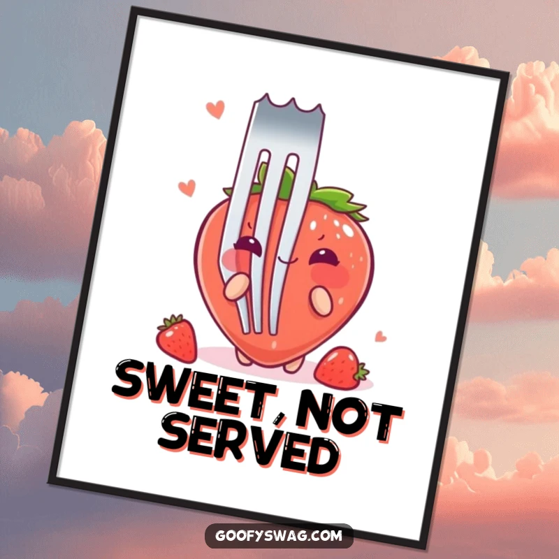 Funny Strawberry Fork Digital Art Print: A blushing strawberry attempts to hide behind a giant fork in this charming and funny illustration.