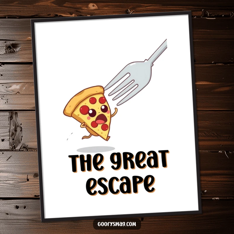 Funny digital art print depicting a startled pizza slice comically fleeing from a giant fork, ready to be printed and displayed.