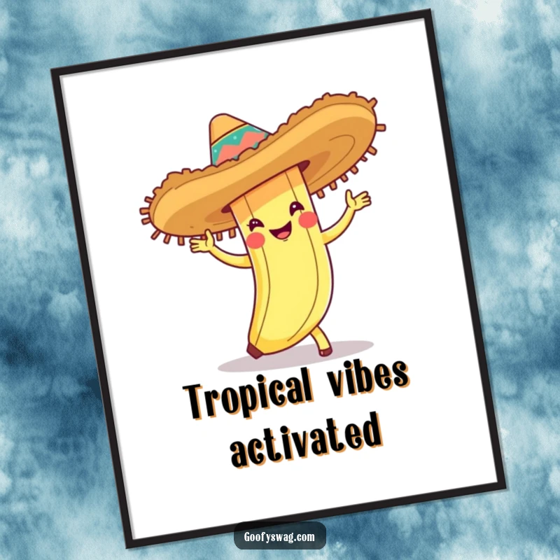 Funny digital art print of a banana peel wearing a sombrero and doing the cha-cha, ideal for instant fiesta-themed wall art.
