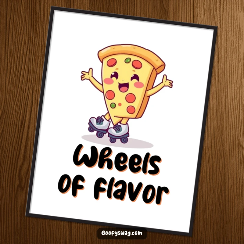 Funny pizza slice wearing roller skates, doing a spin, as a high-resolution digital art print for instant enjoyment.