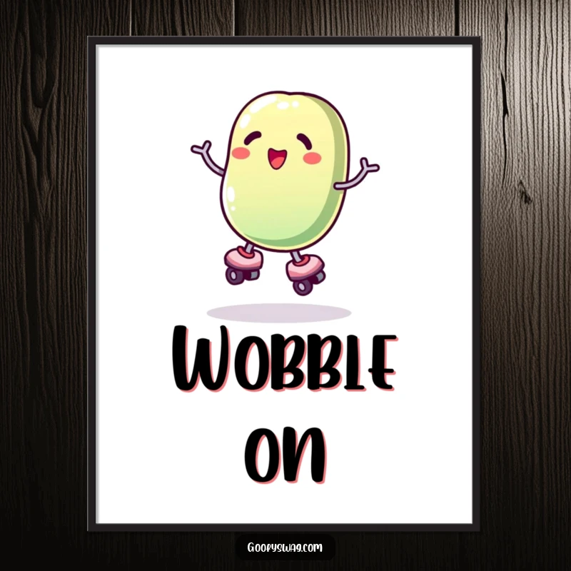 Funny roller skating jelly bean digital art print, a vibrant and comical depiction of a character in motion.