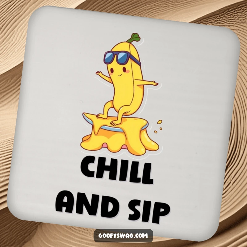 Funny happy banana character surfing a melting ice cream cone on a set of protective drink coasters.