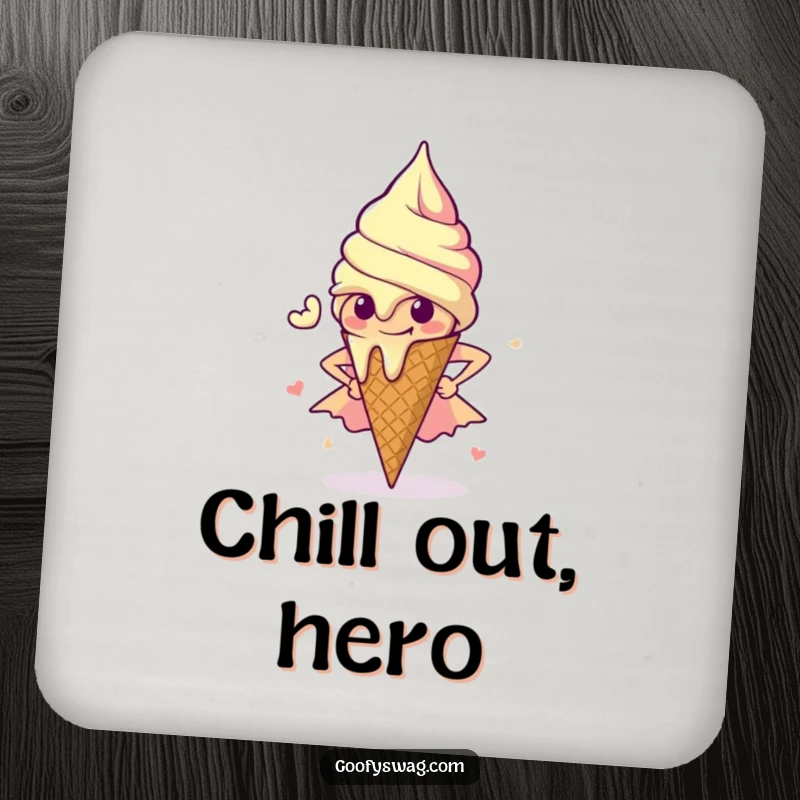 Funny Ice Cream Coaster: A coaster featuring a melting ice cream cone striking a superhero pose, adding heroic humor to any surface.