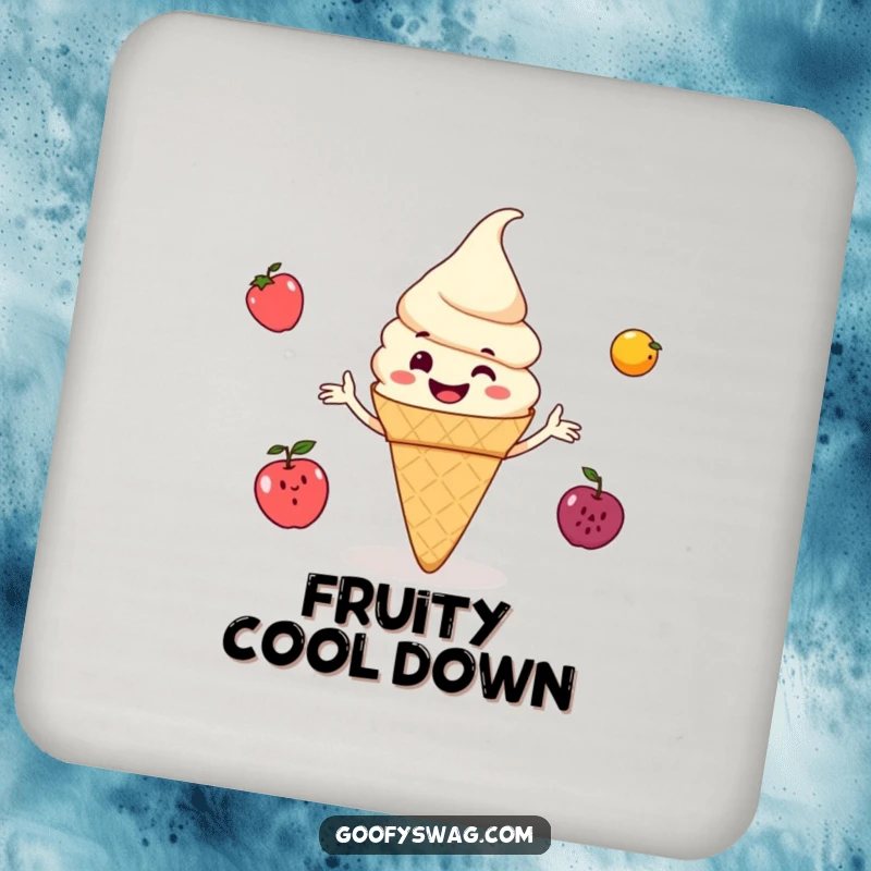 Funny ice cream cone grinning and juggling small fruits, a decorative coaster adding sweet humor and protecting your furniture from spills.