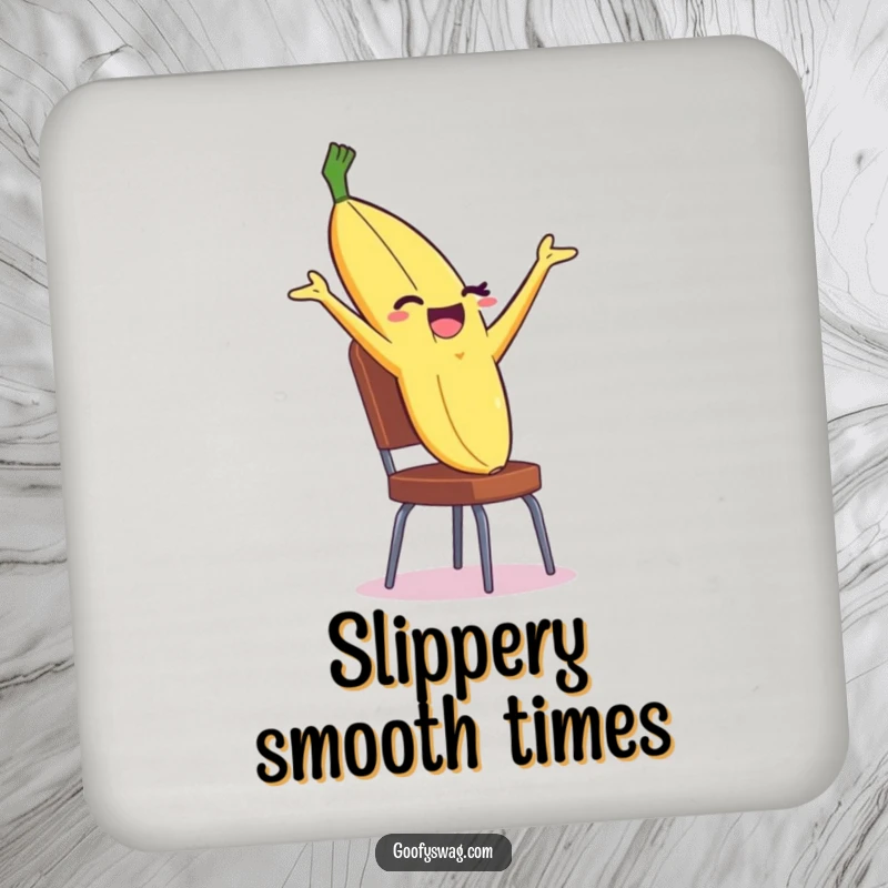 Funny Banana Peel Drink Coaster with a winking peel backflipping off a chair, adding a funny element to drinks.