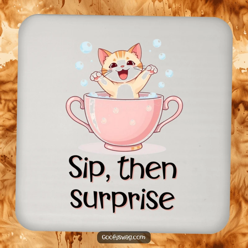 Funny cat startled leaping from a giant teacup full of bubbles, a humorous drink coaster for surface protection.