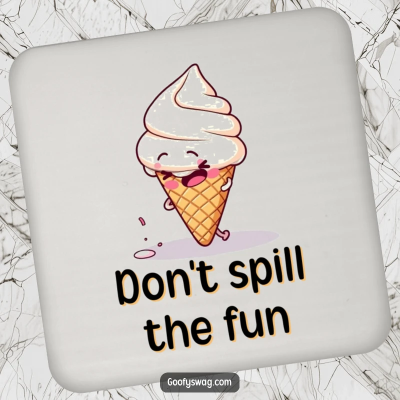 Funny clumsy ice cream cone character tripping over its own sprinkle, printed on a set of humorous drink coasters.