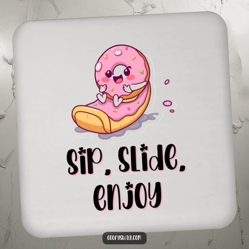 Funny Donut Slide Coaster: A playful donut character sliding down a frosting slide is depicted on this protective coaster for a fun vibe.
