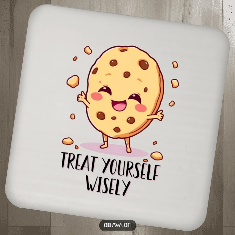 Funny giggling cookie character juggling crumbs with a mischievous grin, printed on a set of humorous drink coasters.