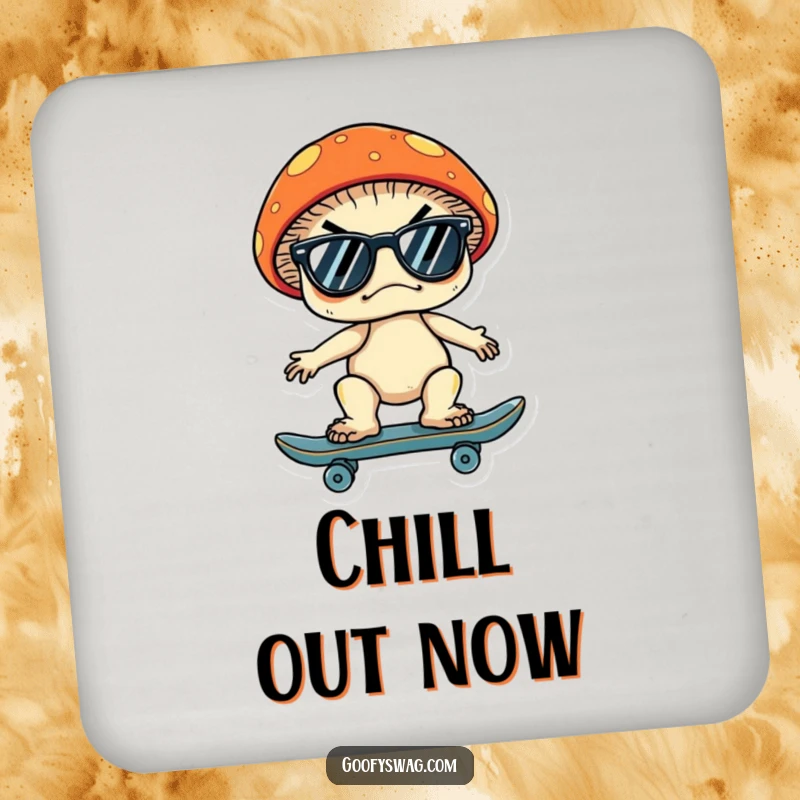 Funny drink coaster featuring a grumpy mushroom wearing sunglasses and riding a skateboard, protecting surfaces with cool, humorous flair.