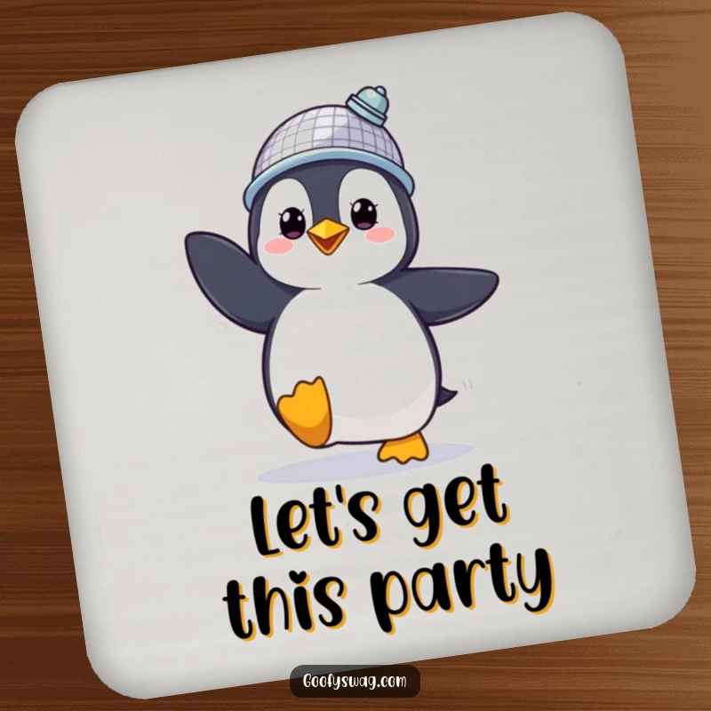 Funny Drink Coaster featuring a proud penguin in a disco ball hat dancing, a humorous home accessory.