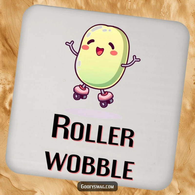 Funny roller skating jelly bean coaster, a humorous accessory to protect surfaces, showcasing a clumsy skater.