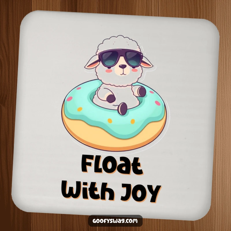 Funny drink coaster with a fluffy sheep in sunglasses lounging on a giant donut float, offering humorous and relaxed surface protection.