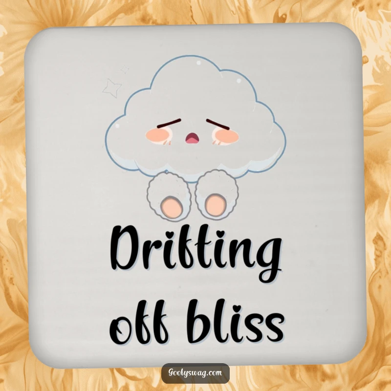 Funny sleepy cloud wearing fuzzy slippers and yawning, a decorative coaster adding a touch of calm humor and protection to your furniture.