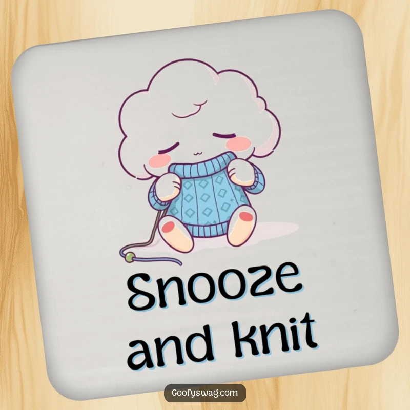 Funny sleepy cloud knitting coaster, a charming and practical accessory featuring a calm character with yarn.