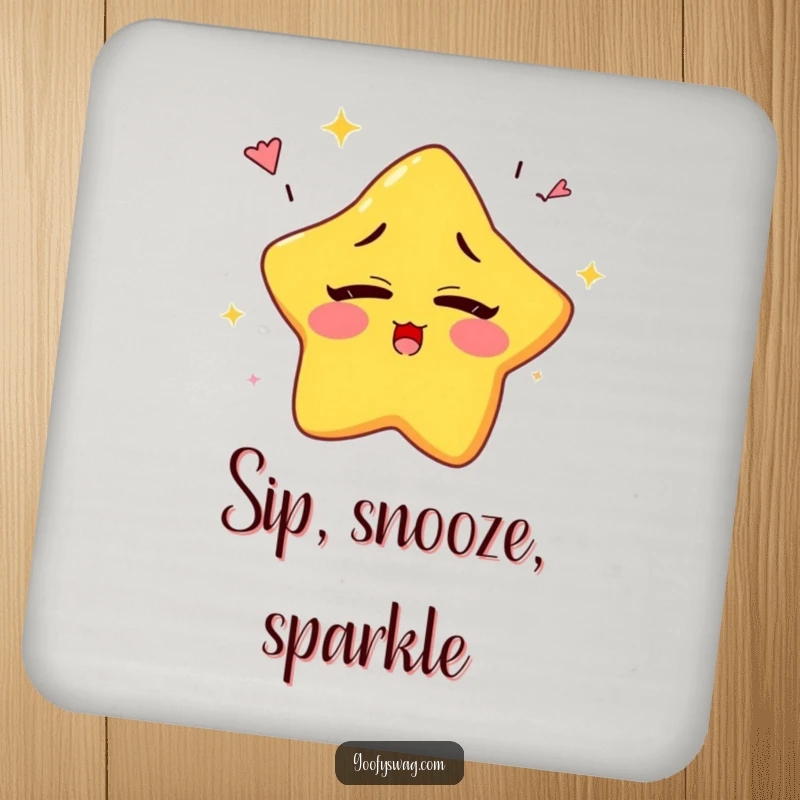 Funny sleepy star character yawning rainbows while blinking, printed on a set of humorous drink coasters.