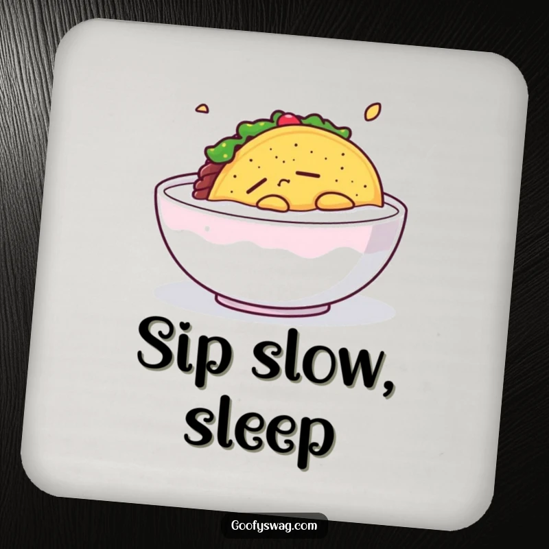 Funny Sleepy Taco Coaster: A sleepy taco floating in milk is depicted on this protective coaster for a calm vibe.