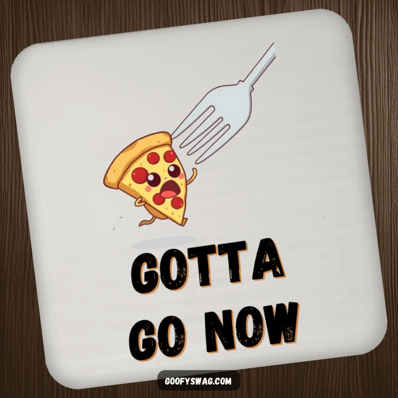 Funny drink coaster featuring a startled pizza slice in mid-flight from a fork, a humorous addition to protect your surfaces.