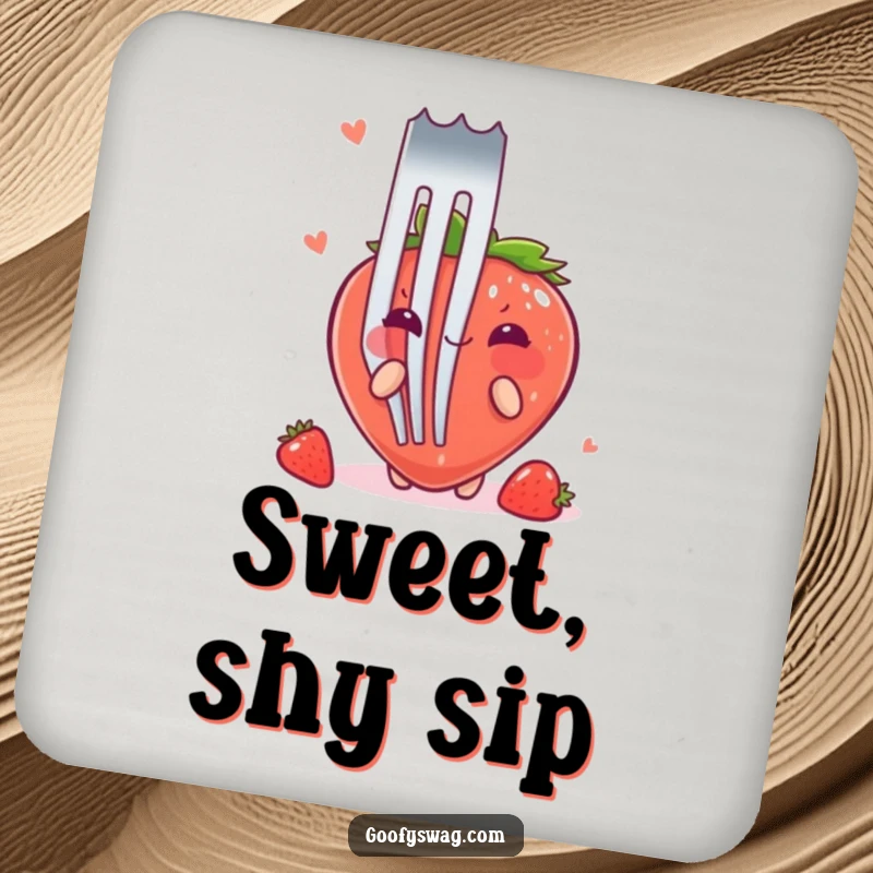 Funny Strawberry Fork Coaster: A blushing strawberry hides behind a giant fork on this protective coaster for a cute vibe.