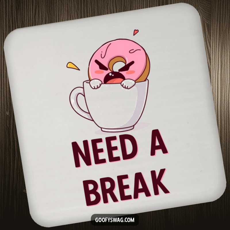 Funny drink coaster with a grumpy donut comically escaping a coffee mug, a humorous way to protect tabletops.