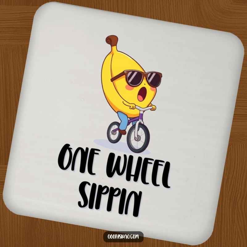 Funny banana coaster, surprised expression, wearing tiny sunglasses, riding a unicycle. Protects surfaces with a humorous and eye-catching design.