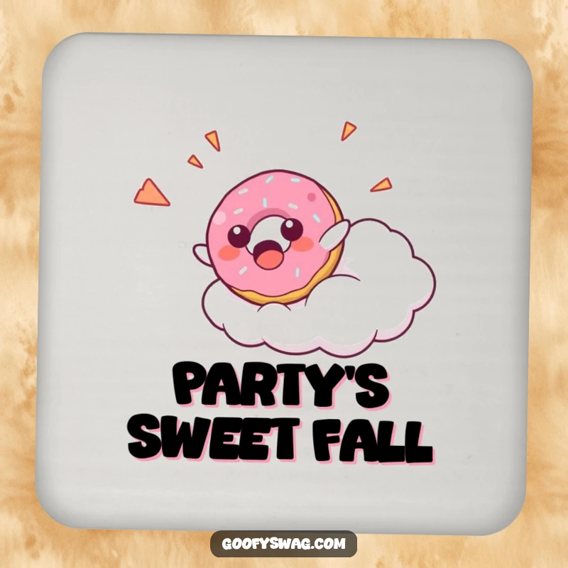 Funny Donut Falling Coaster showcasing a surprised donut character falling from a cloud with a happy yelp, adding humorous sweet flair to drink protection.