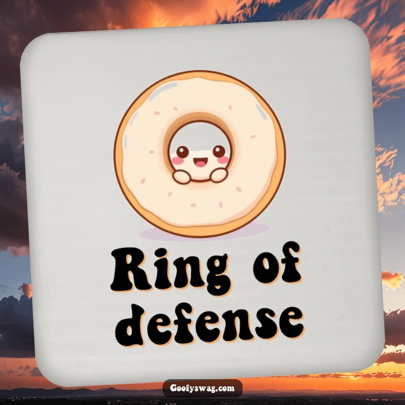 Funny doughnut coaster showing a curious doughnut peeking from a larger one, a humorous and practical accessory.