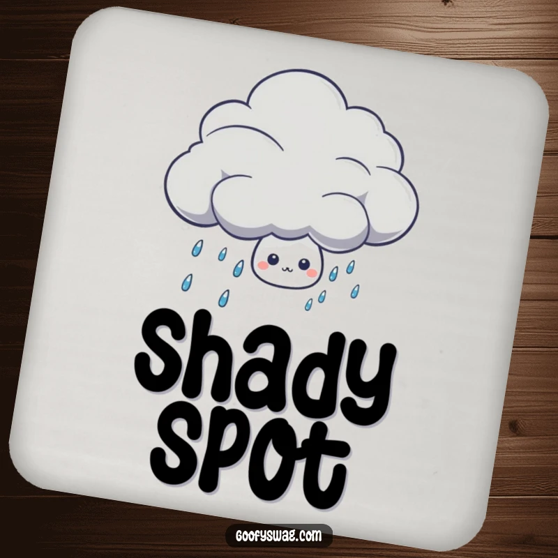 Funny shy rain drop character hiding behind a cloud on a set of protective drink coasters.