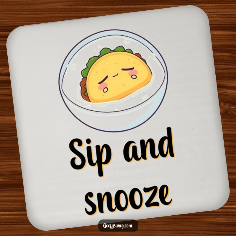Funny drink coaster with a sleepy taco floating serenely in milk, humorous bar accessory for calm vibes.