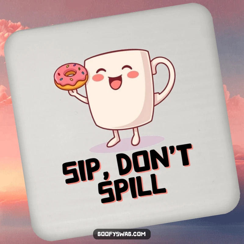 Funny Coffee Mug Coaster: A coaster featuring a dancing coffee mug balancing a donut, adding cheerful morning humor to any surface.