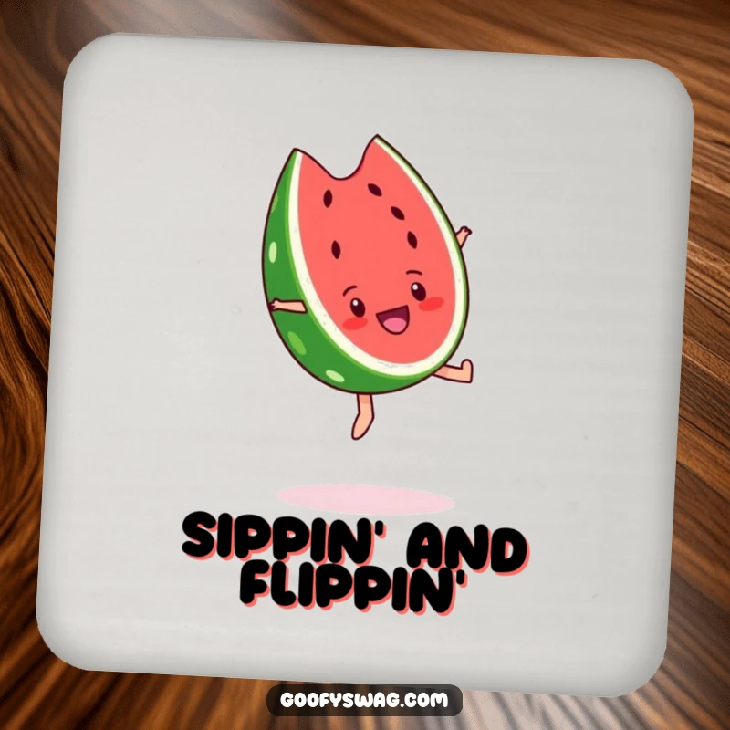Funny watermelon slice coaster, mid-backflip with an expression of glee. Protects surfaces with a cheerful and humorous design.