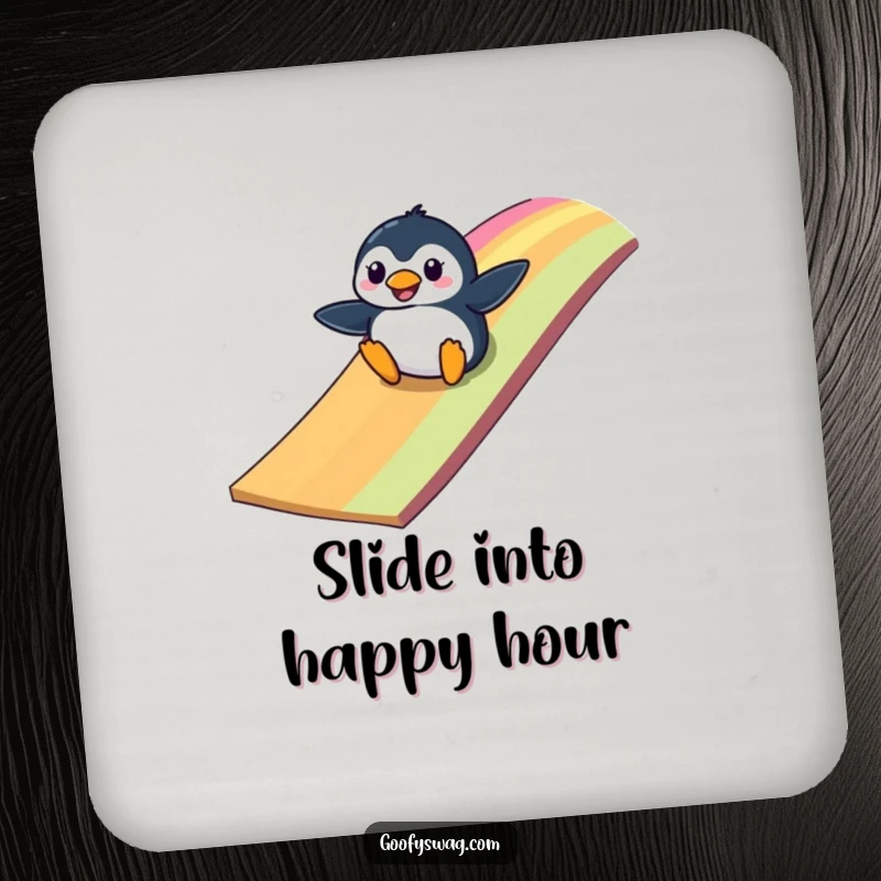 Funny clumsy penguin sliding down a colorful rainbow ramp, a humorous drink coaster for surface protection.