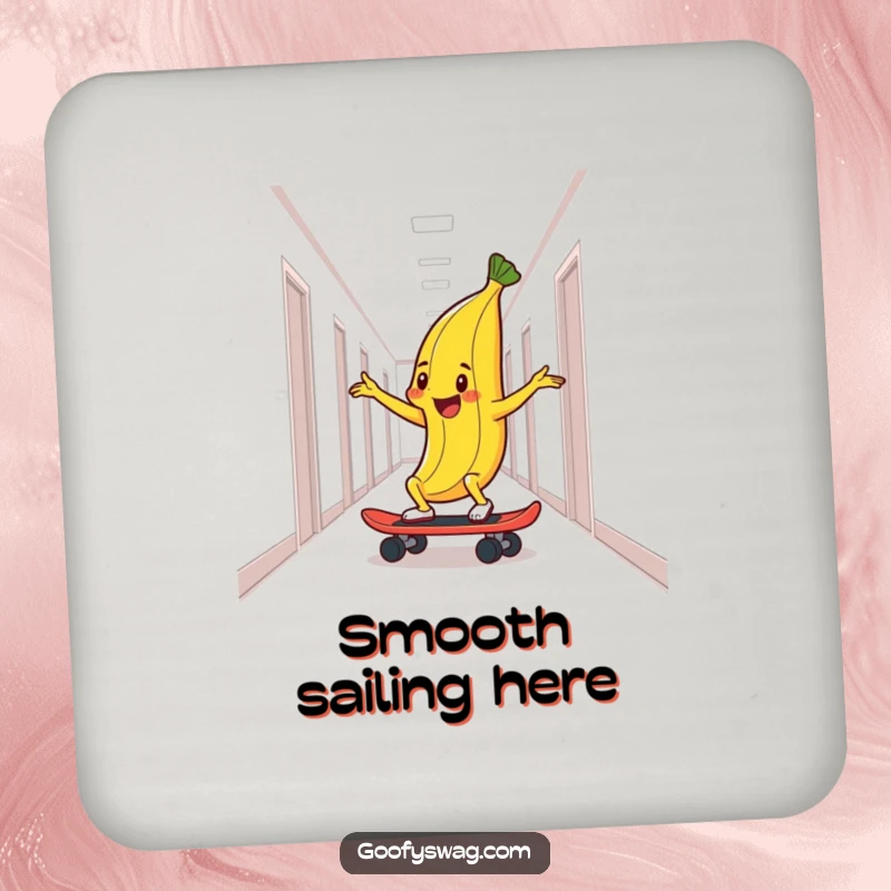 Funny drink coaster with a delighted banana peel skateboarding down a hallway, a humorous way to protect tabletops.