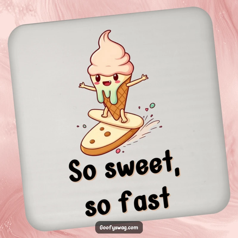 Funny drink coaster with a melting ice cream cone surfing a runaway cookie, a sweet and humorous way to protect tabletops.