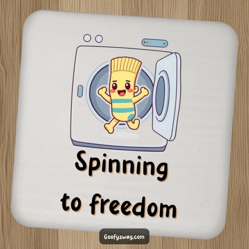 Funny determined sock character escaping a dryer, printed on a set of humorous drink coasters.