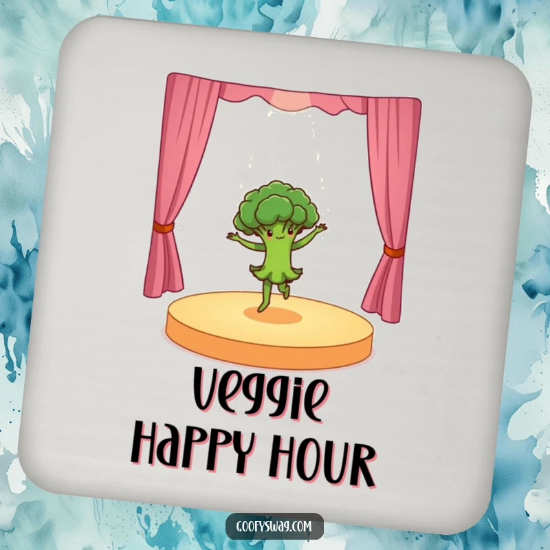 Funny dancing broccoli doing a dramatic pirouette on a tiny stage, a decorative coaster adding energetic humor and protecting your furniture.